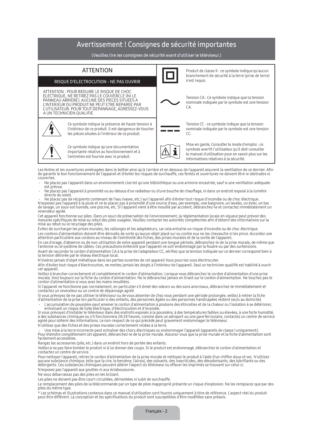 Samsung UA40K5300AKXSK, UA40K5300BKXSK manual Avertissement ! Consignes de sécurité importantes, Français 