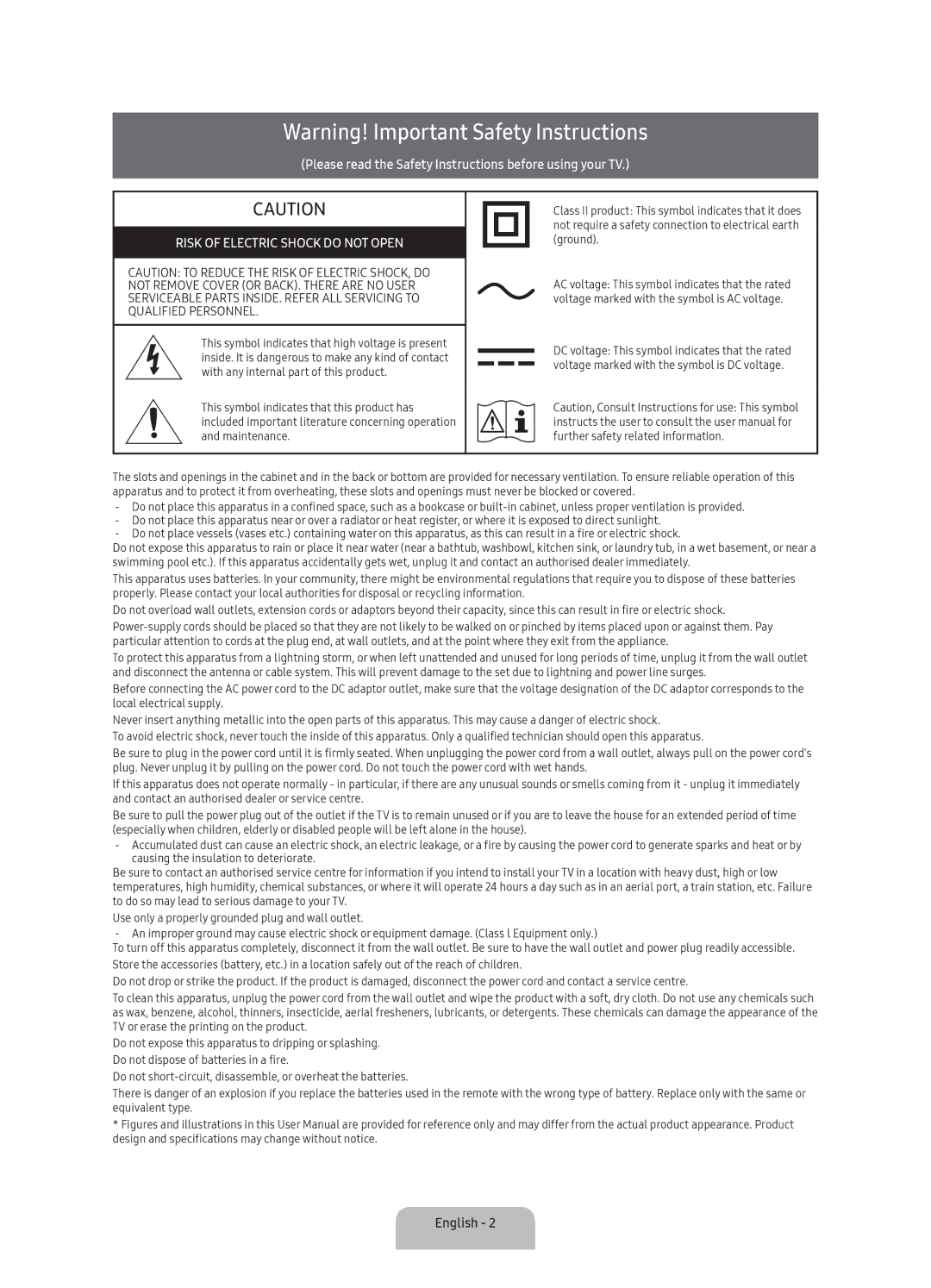 Samsung UA40K5300AKXSK, UA40K5300BKXSK manual Risk of Electric Shock do not Open, English 