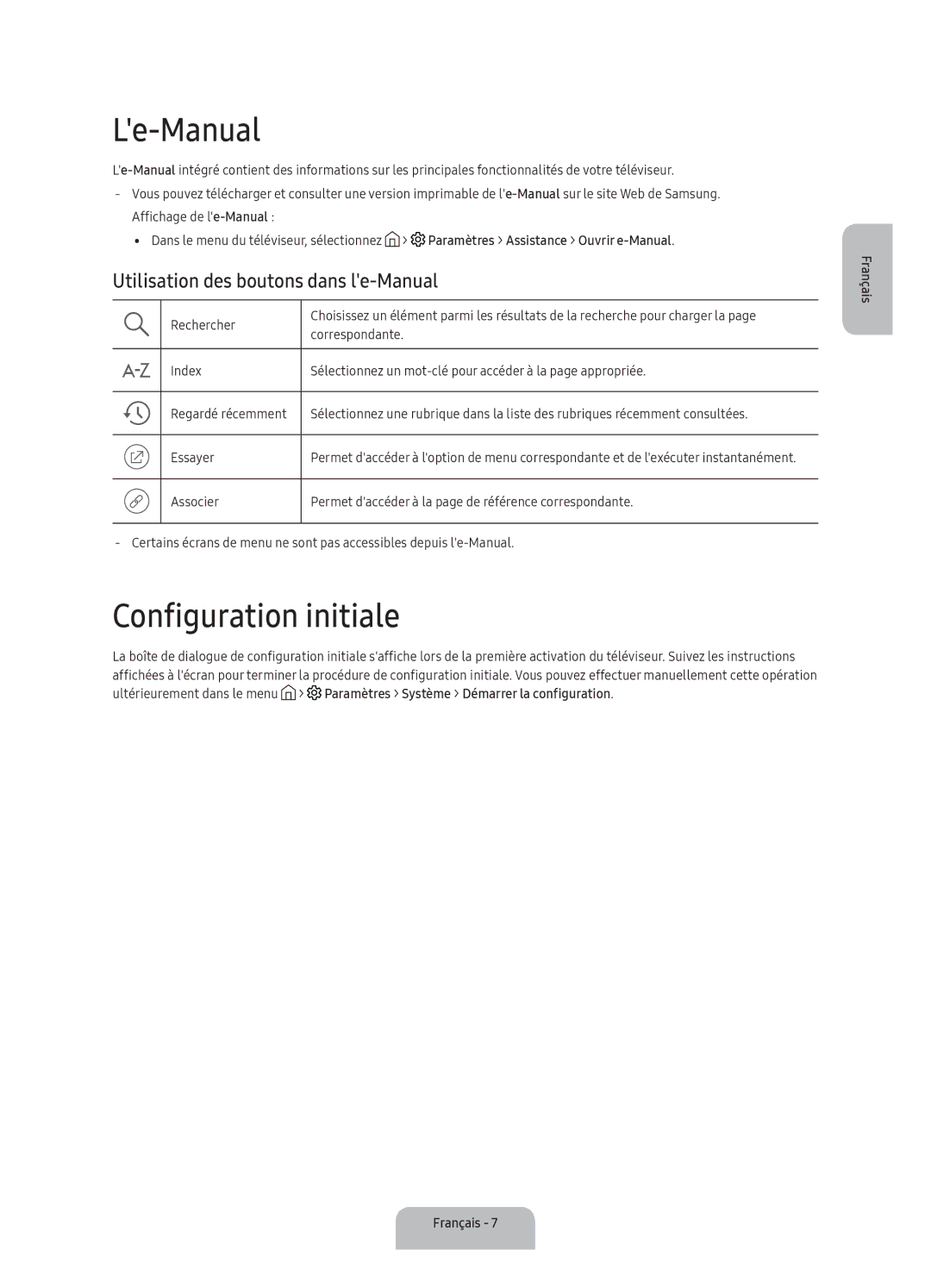 Samsung UA40K5300BKXSK, UA40K5300AKXSK manual Le-Manual, Configuration initiale, Utilisation des boutons dans le-Manual 