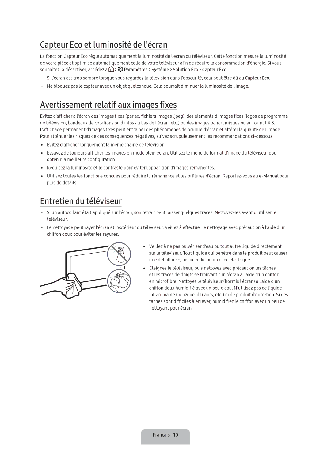 Samsung UA40K5300AKXSK, UA40K5300BKXSK manual Capteur Eco et luminosité de lécran, Avertissement relatif aux images fixes 