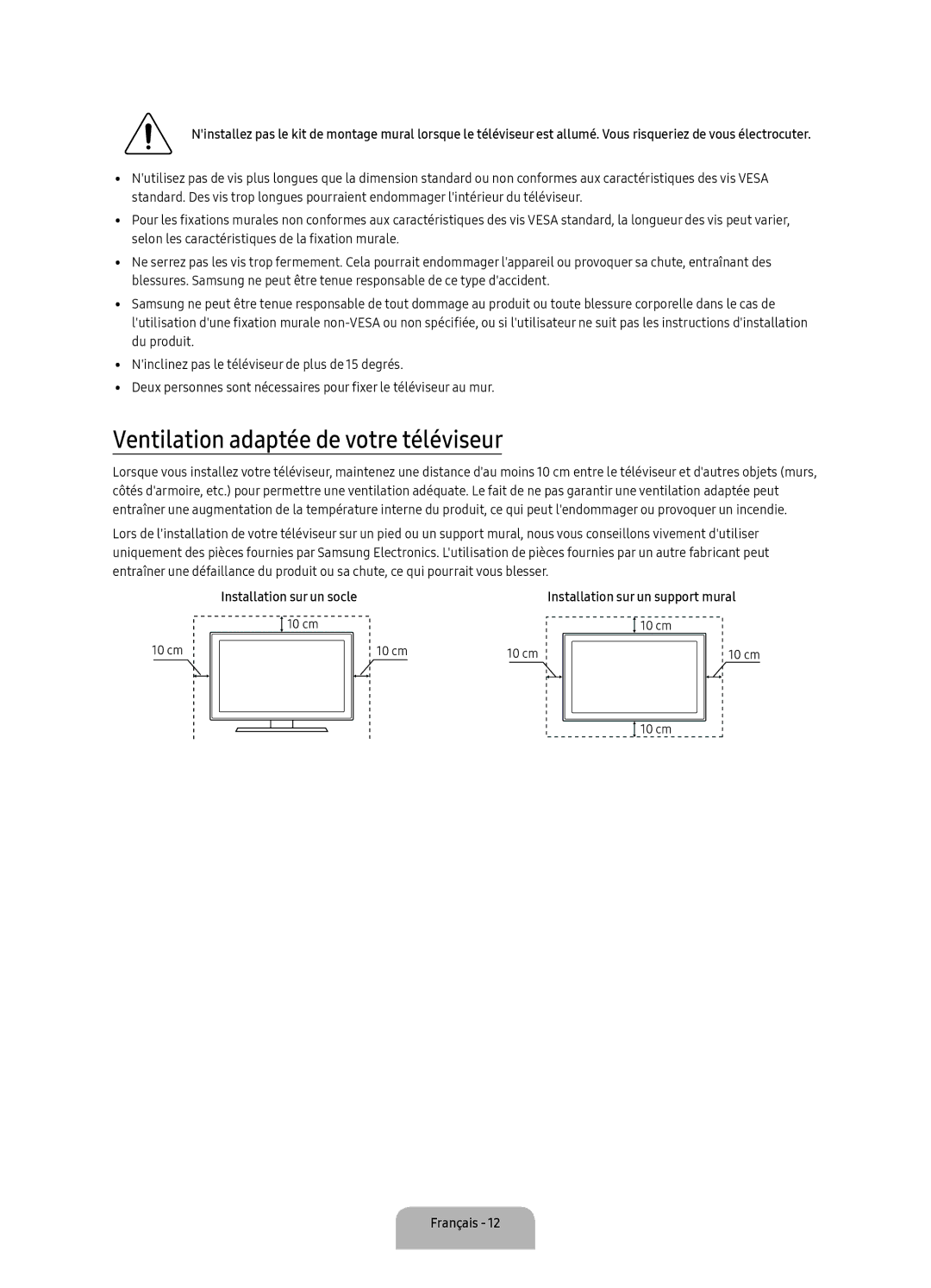 Samsung UA40K5300AKXSK, UA40K5300BKXSK manual Ventilation adaptée de votre téléviseur, Installation sur un socle 