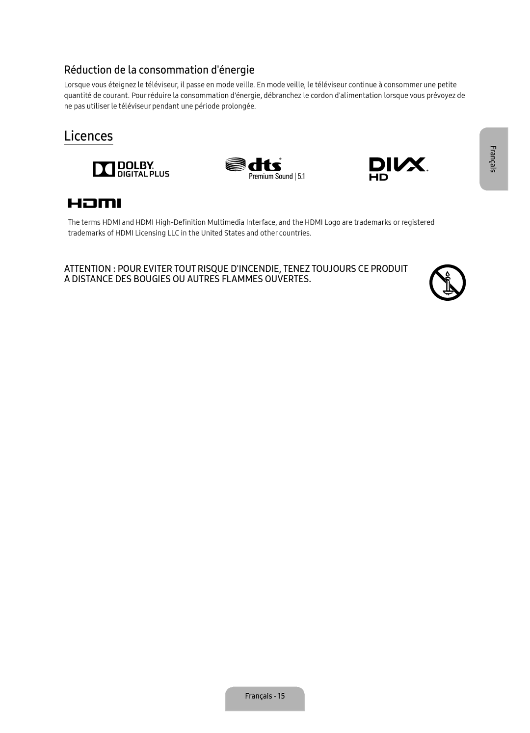 Samsung UA40K5300BKXSK, UA40K5300AKXSK manual Licences, Réduction de la consommation dénergie 