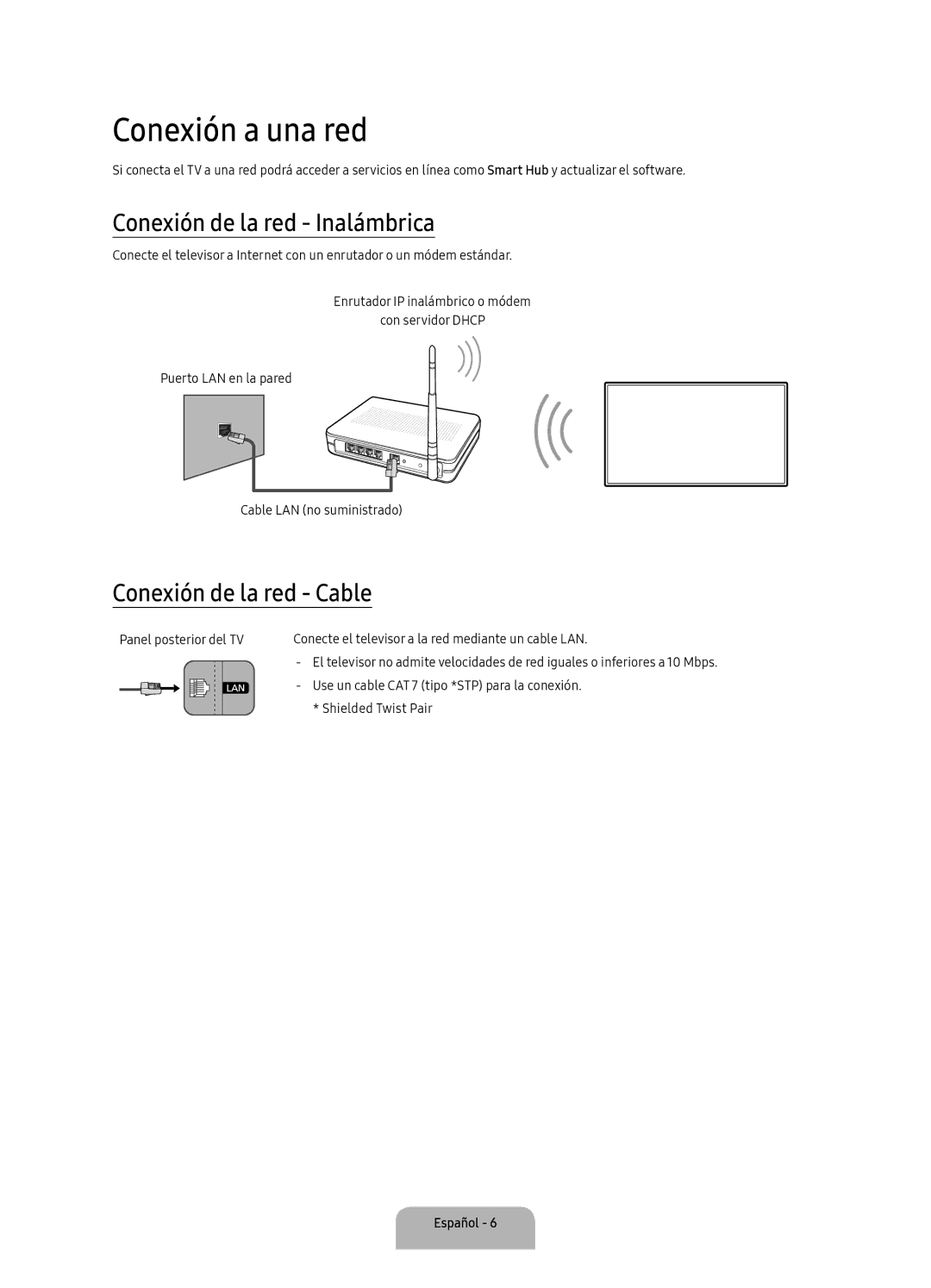 Samsung UA40K5300AKXSK, UA40K5300BKXSK manual Conexión a una red, Conexión de la red Inalámbrica, Conexión de la red Cable 