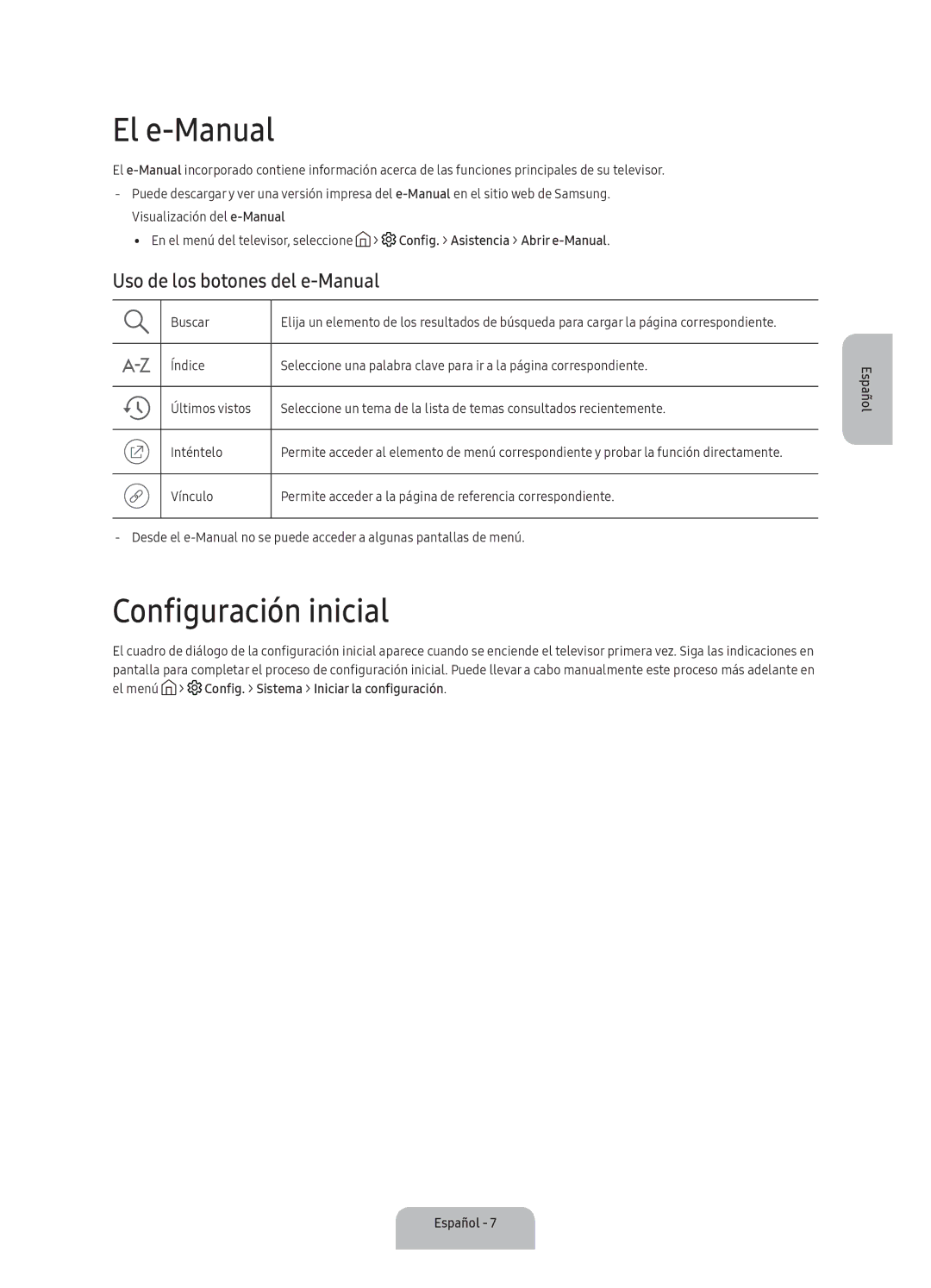 Samsung UA40K5300BKXSK, UA40K5300AKXSK manual El e-Manual, Configuración inicial, Uso de los botones del e-Manual 