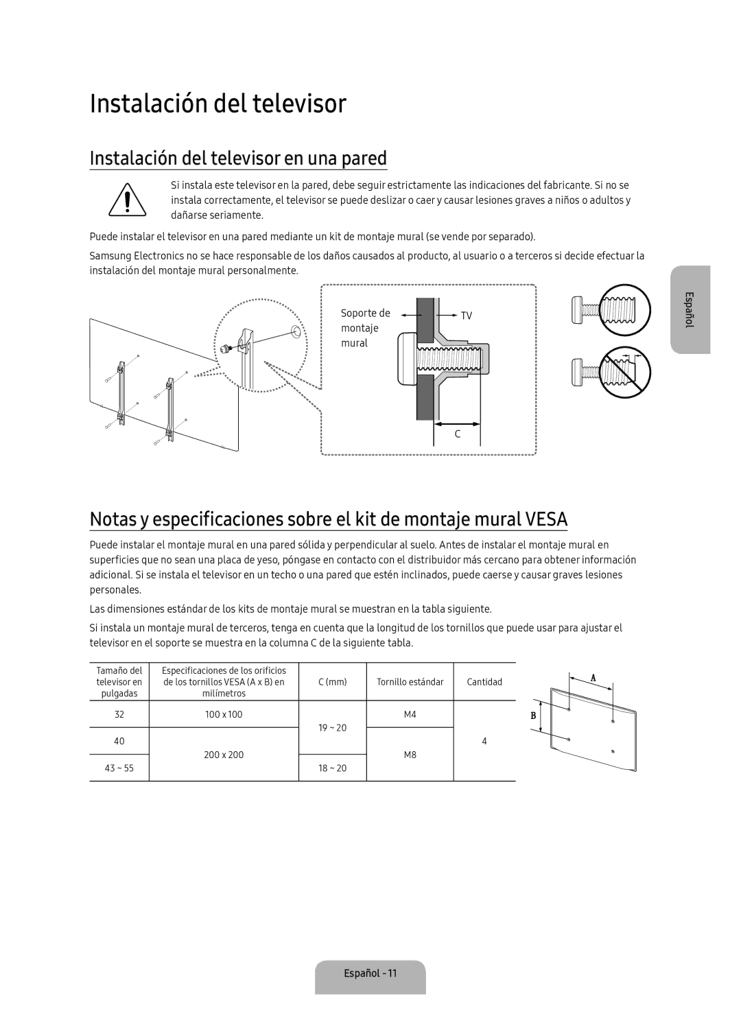 Samsung UA40K5300BKXSK, UA40K5300AKXSK manual Instalación del televisor en una pared 