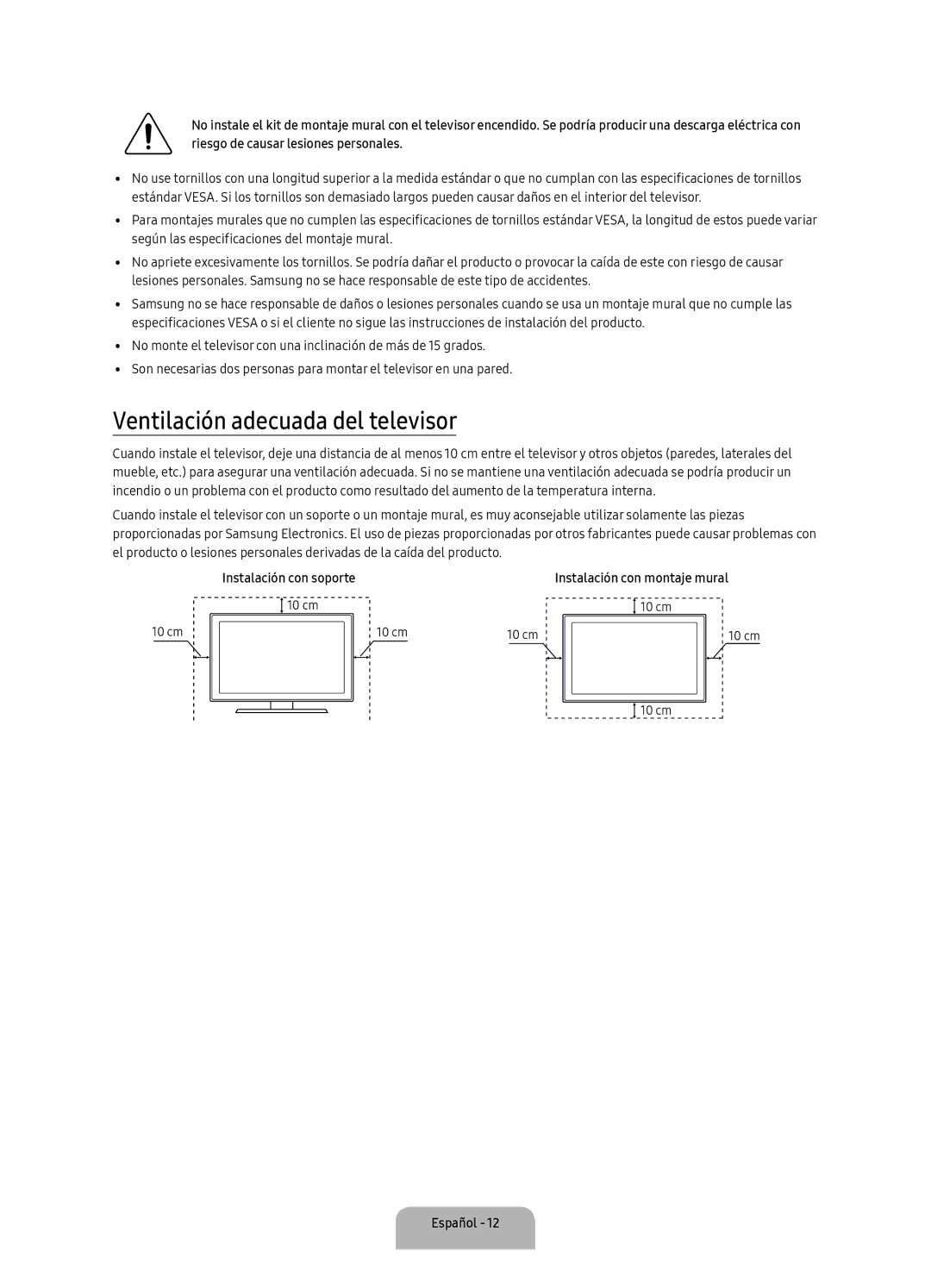 Samsung UA40K5300AKXSK, UA40K5300BKXSK manual Ventilación adecuada del televisor, Instalación con soporte 