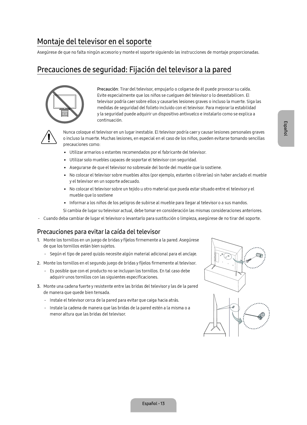 Samsung UA40K5300BKXSK Montaje del televisor en el soporte, Precauciones de seguridad Fijación del televisor a la pared 