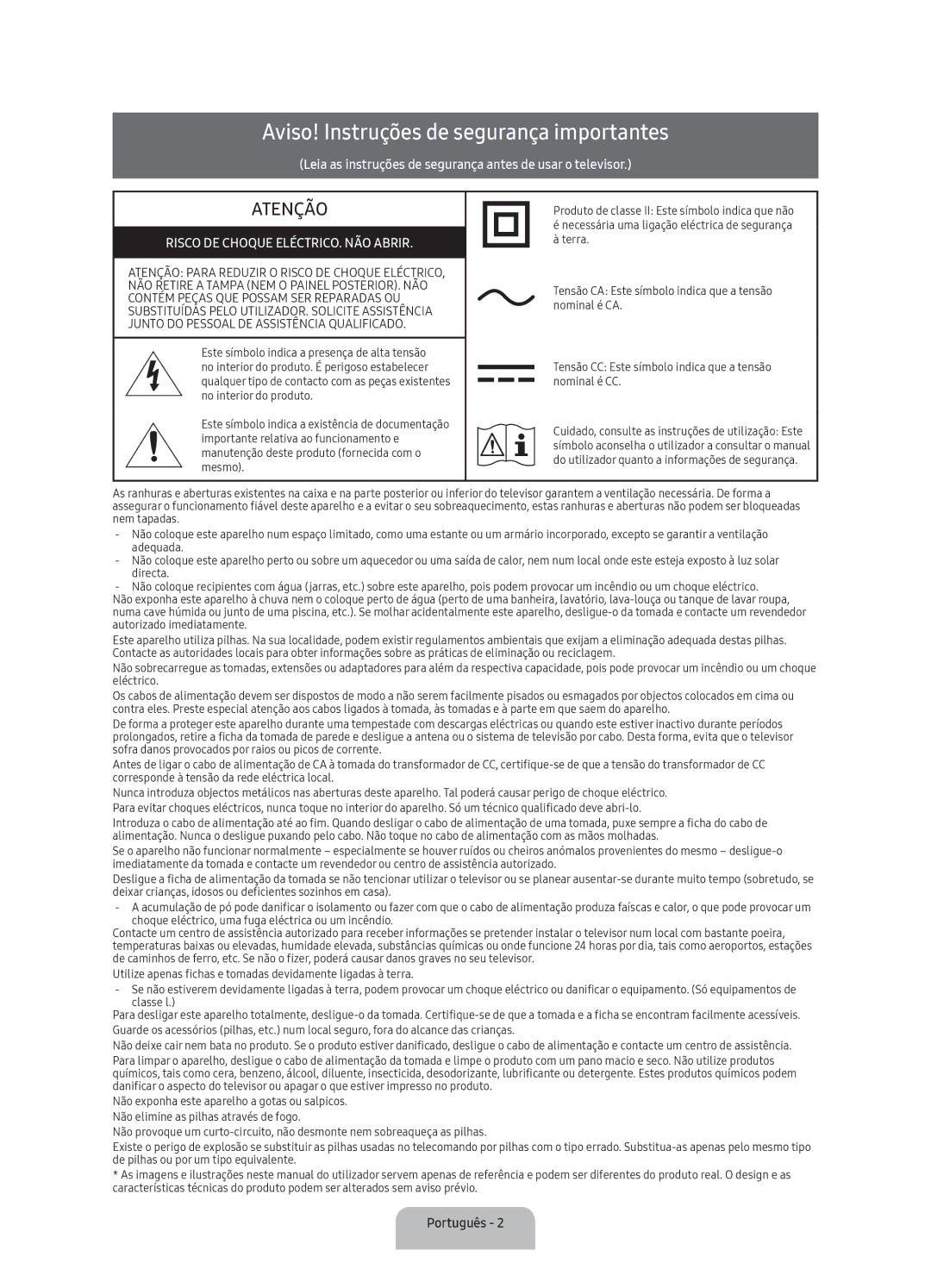 Samsung UA40K5300AKXSK, UA40K5300BKXSK manual Aviso! Instruções de segurança importantes, Português 