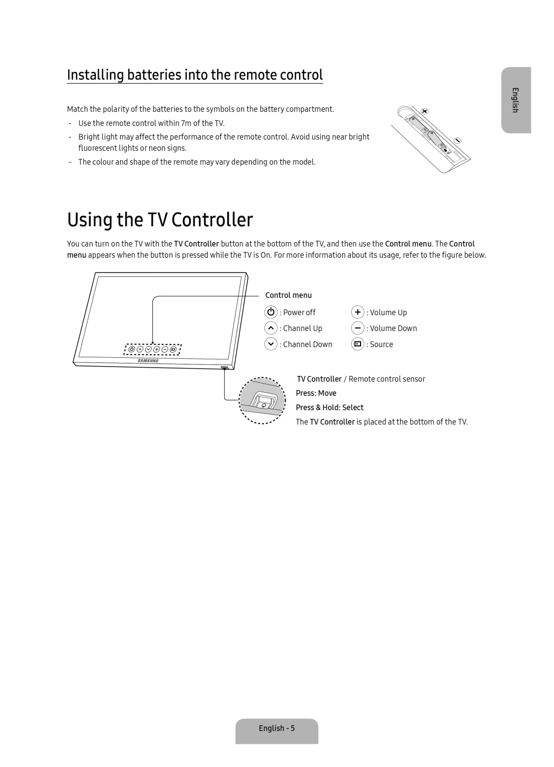 Samsung UA40K5300BKXSK, UA40K5300AKXSK Using the TV Controller, Installing batteries into the remote control, Control menu 