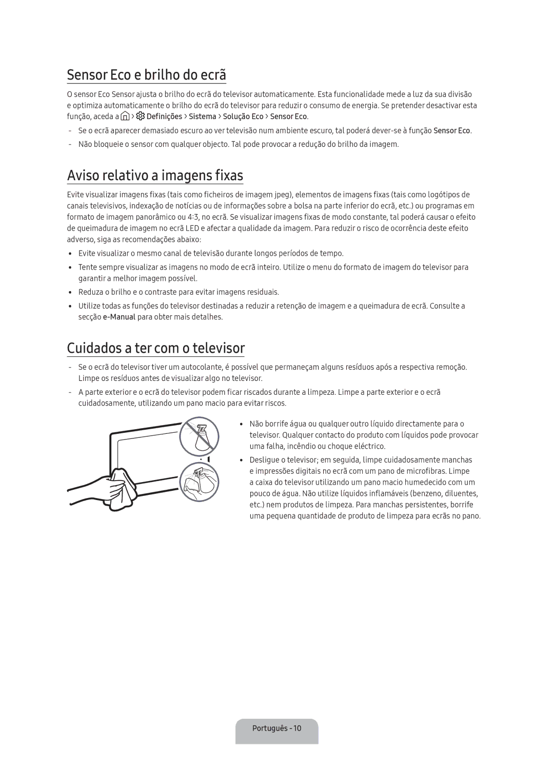 Samsung UA40K5300AKXSK manual Sensor Eco e brilho do ecrã, Aviso relativo a imagens fixas, Cuidados a ter com o televisor 