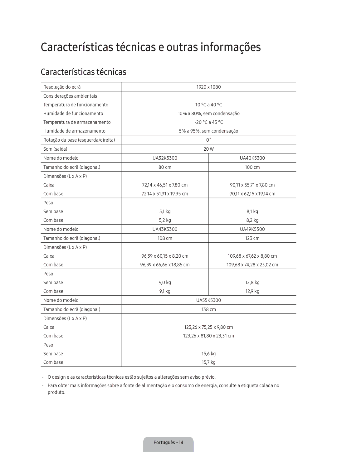 Samsung UA40K5300AKXSK, UA40K5300BKXSK manual Características técnicas e outras informações 