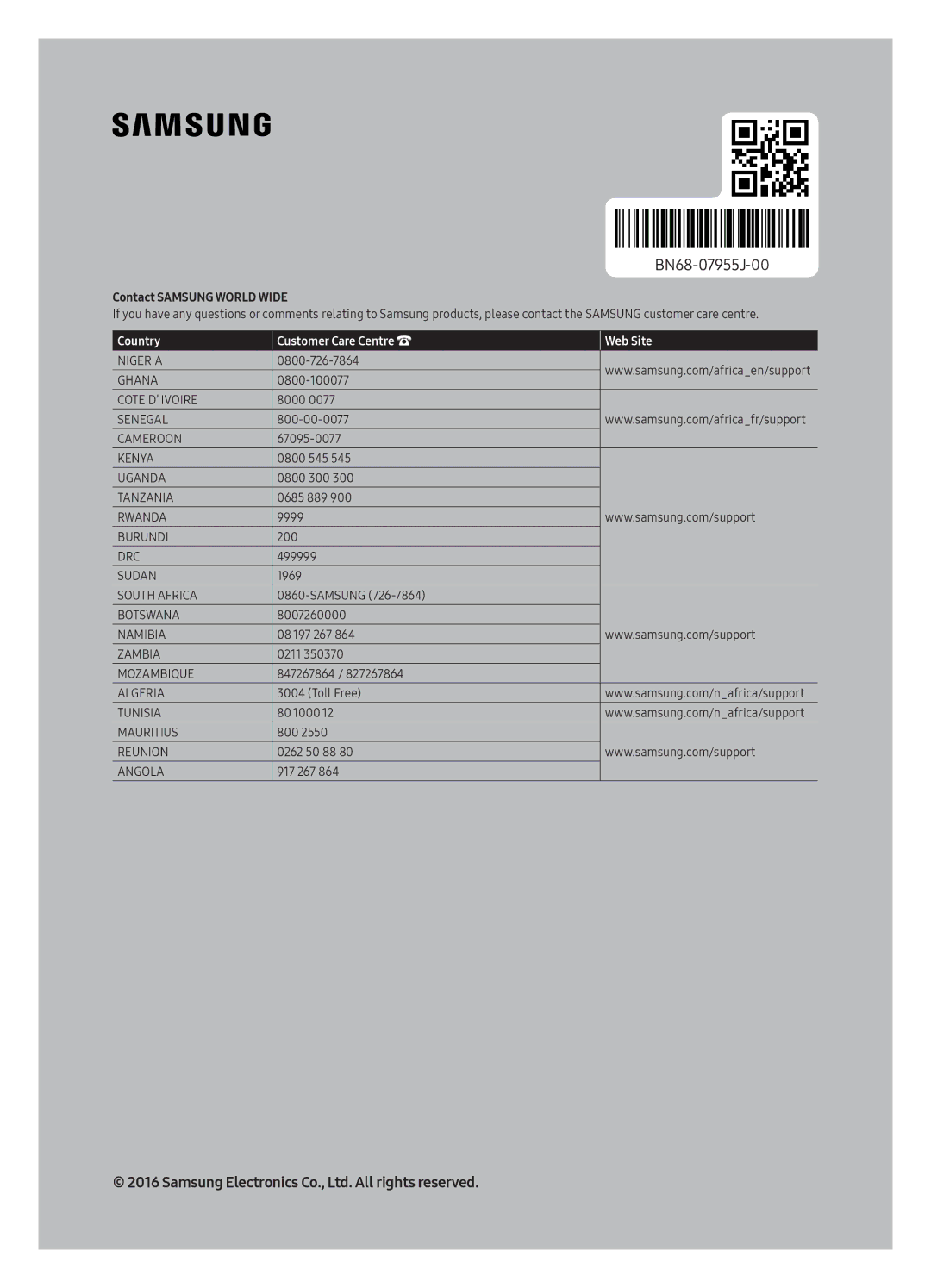 Samsung UA40K5300AKXSK, UA40K5300BKXSK manual Country Customer Care Centre Web Site 