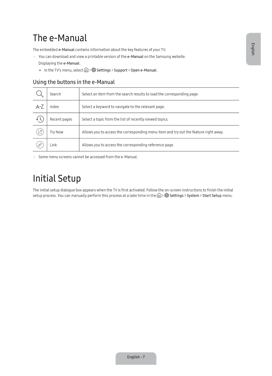 Samsung UA40K5300BKXSK, UA40K5300AKXSK manual E-Manual, Initial Setup, Using the buttons in the e-Manual 