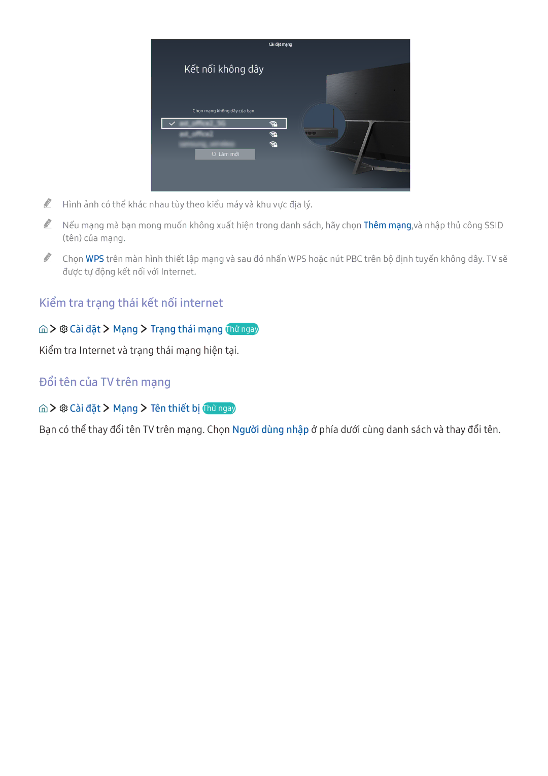 Samsung UA40K5300AKXXV Kiểm tra trạng thái kết nối internet, Đổi tên của TV trên mạng, Cài đặt Mang Tên thiết bị Thử ngay 