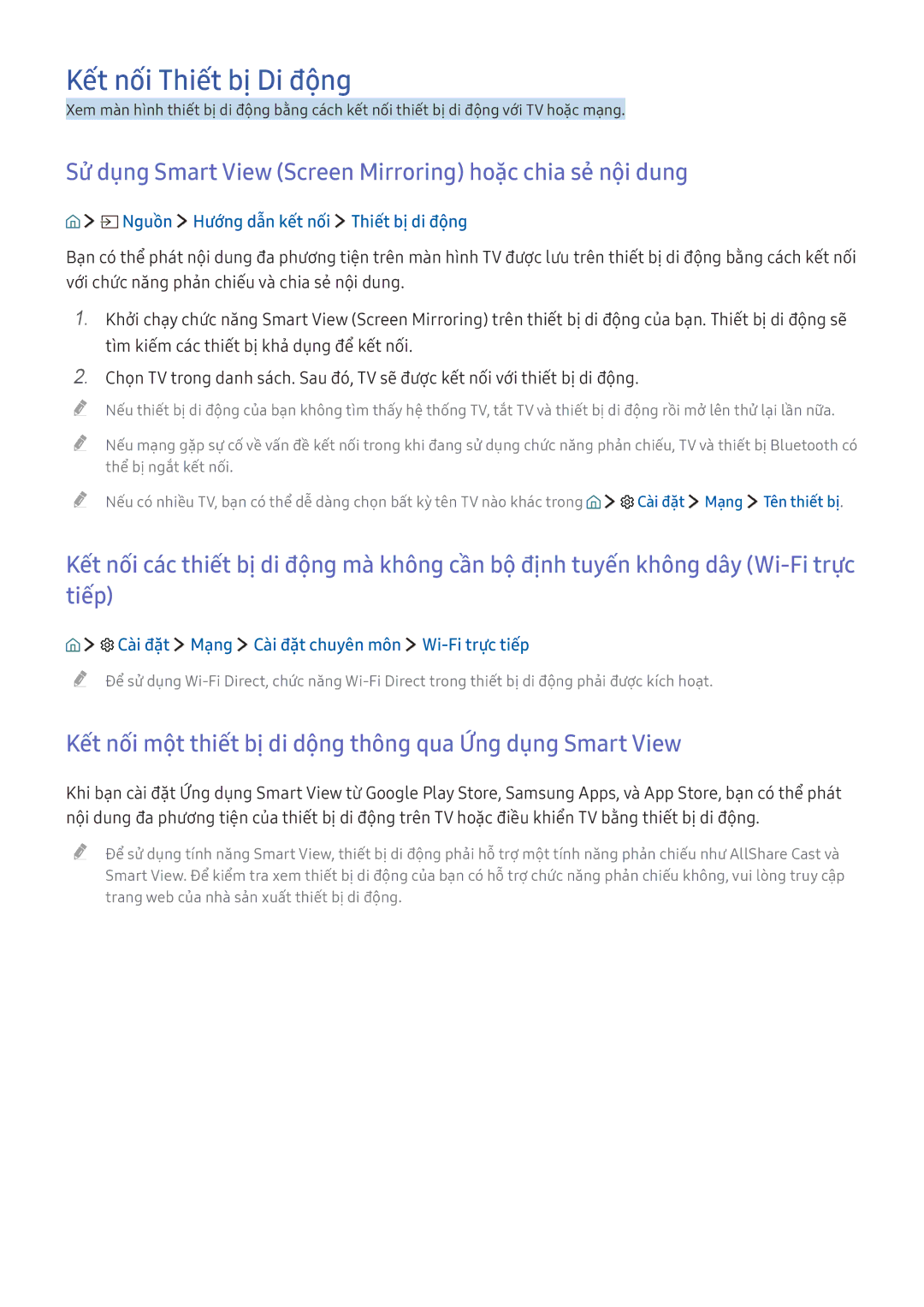 Samsung UA55K5300AKXXV manual Kết nối Thiết bị Di động, Sử dụng Smart View Screen Mirroring hoặ̣c chia sẻ nội dung 