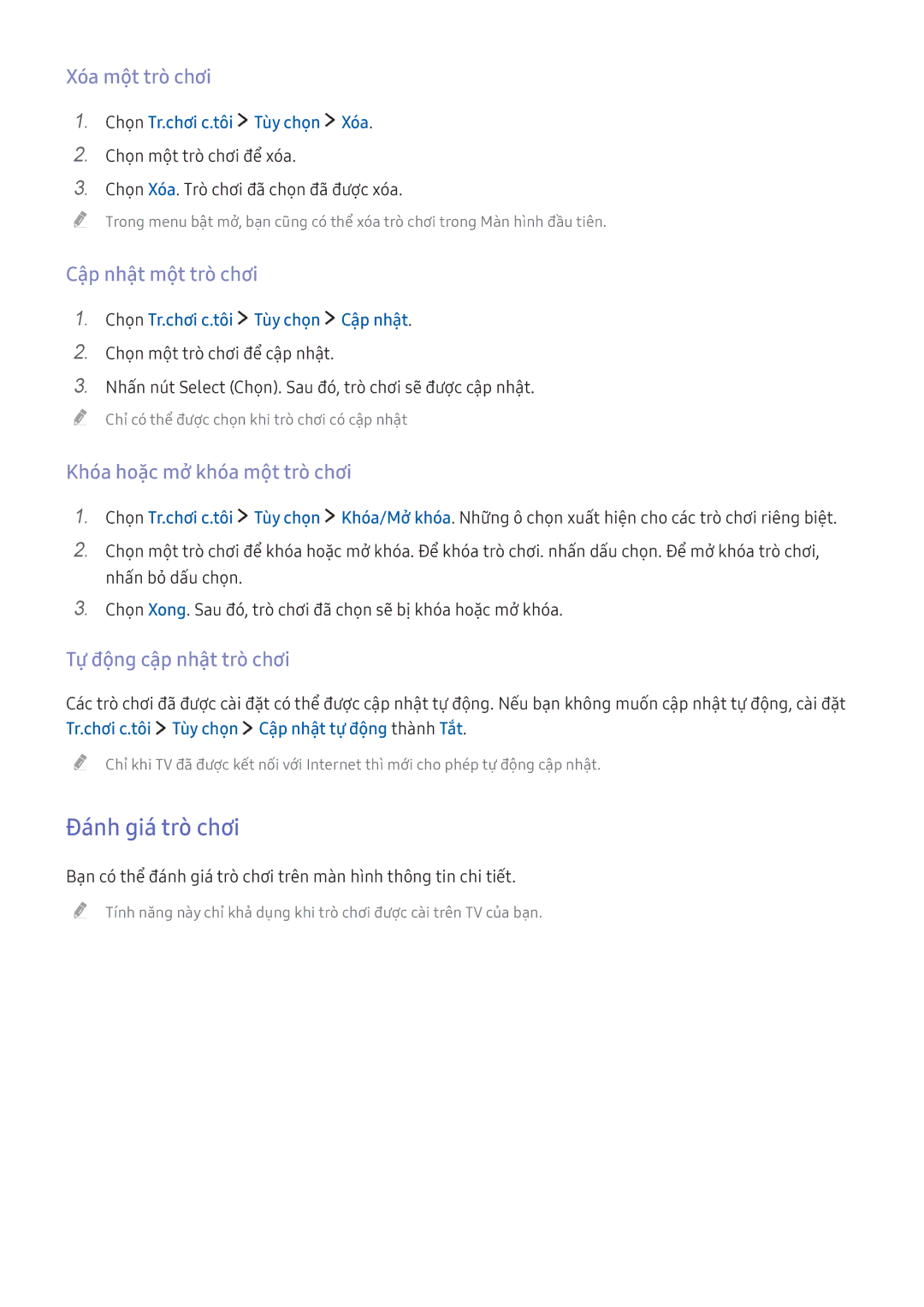 Samsung UA43K5310AKXXV manual Đánh giá trò chơi, Xóa một trò chơi, Cập nhật một trò chơi, Khóa hoặ̣c mở khóa một trò chơi 