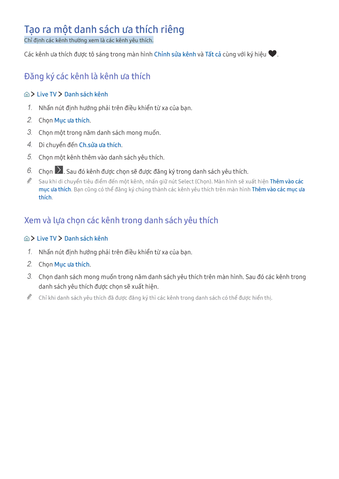 Samsung UA43K5520AKXXV manual Tạo ra một danh sách ưa thích riêng, Đăng ký các kênh là kênh ưa thích, Chọn Mục ưa thích 