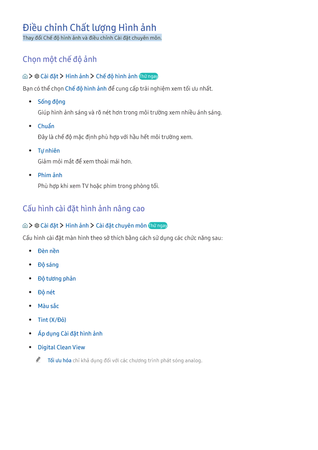 Samsung UA40K5520AKXXV manual Điều chỉnh Chất lượng Hình ảnh, Chọn một chế độ ảnh, Cấu hình cài đặ̣t hình ảnh nâng cao 