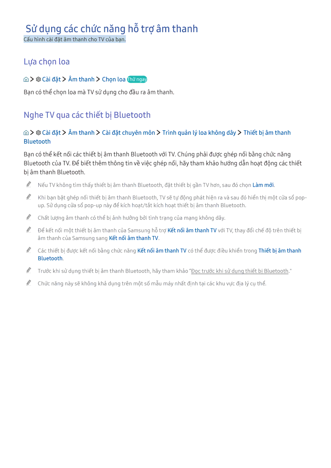 Samsung UA32K5500AKXXV manual Sử dụng các chức năng hỗ trợ âm thanh, Lựa chọn loa, Nghe TV qua các thiết bị Bluetooth 
