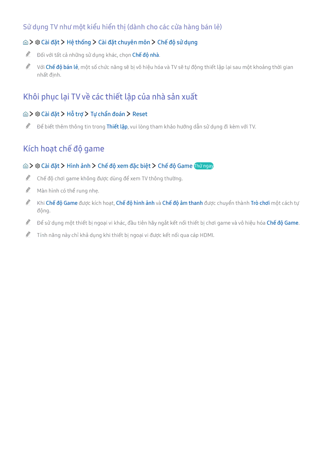 Samsung UA55K5500AKXXV, UA40K6300AKXXV manual Khôi phục lại TV về các thiết lập của nhà sản xuất, Kích hoạt chế độ game 