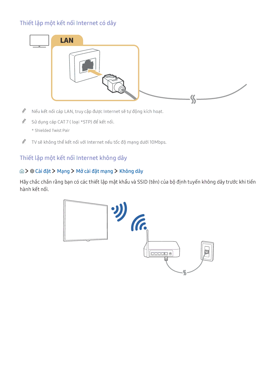 Samsung UA43K5500AKXXV, UA40K6300AKXXV Thiết lập một kết nối Internet có dây, Thiết lập một kết nối Internet không dây 