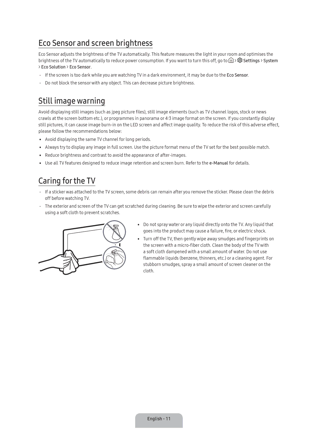 Samsung UA49K6300AKXXV, UA40K6300AKXXV manual Eco Sensor and screen brightness, Still image warning, Caring for the TV 