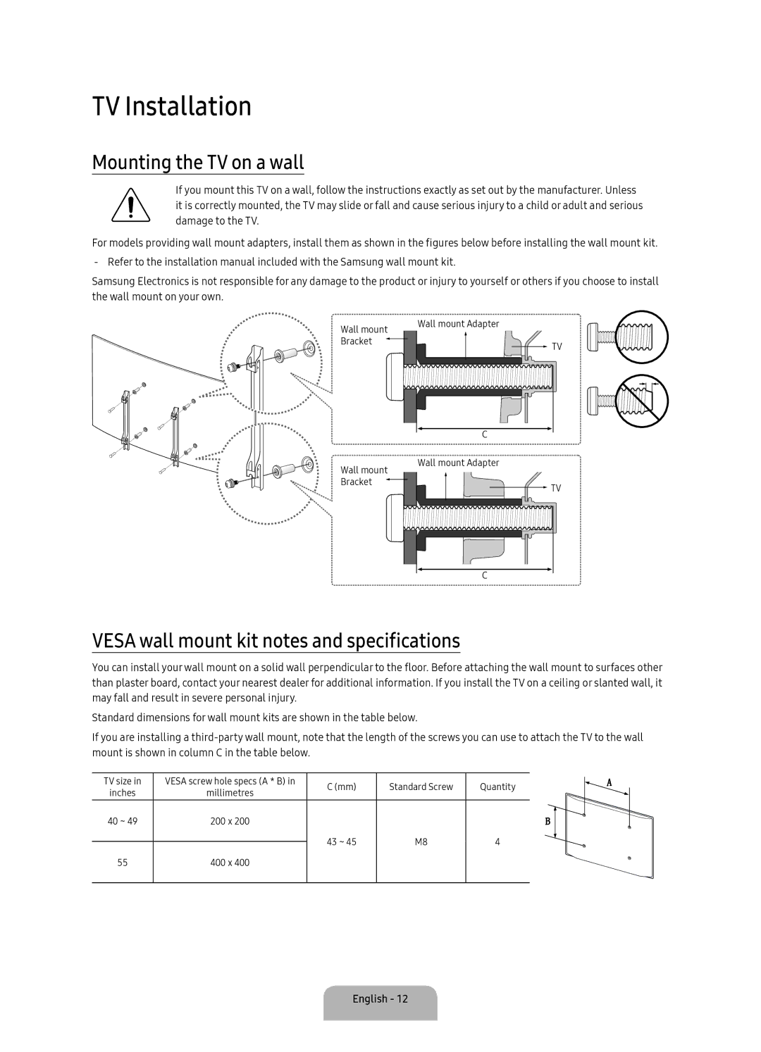 Samsung UA40K6300AKXXV manual TV Installation, Mounting the TV on a wall, Vesa wall mount kit notes and specifications 