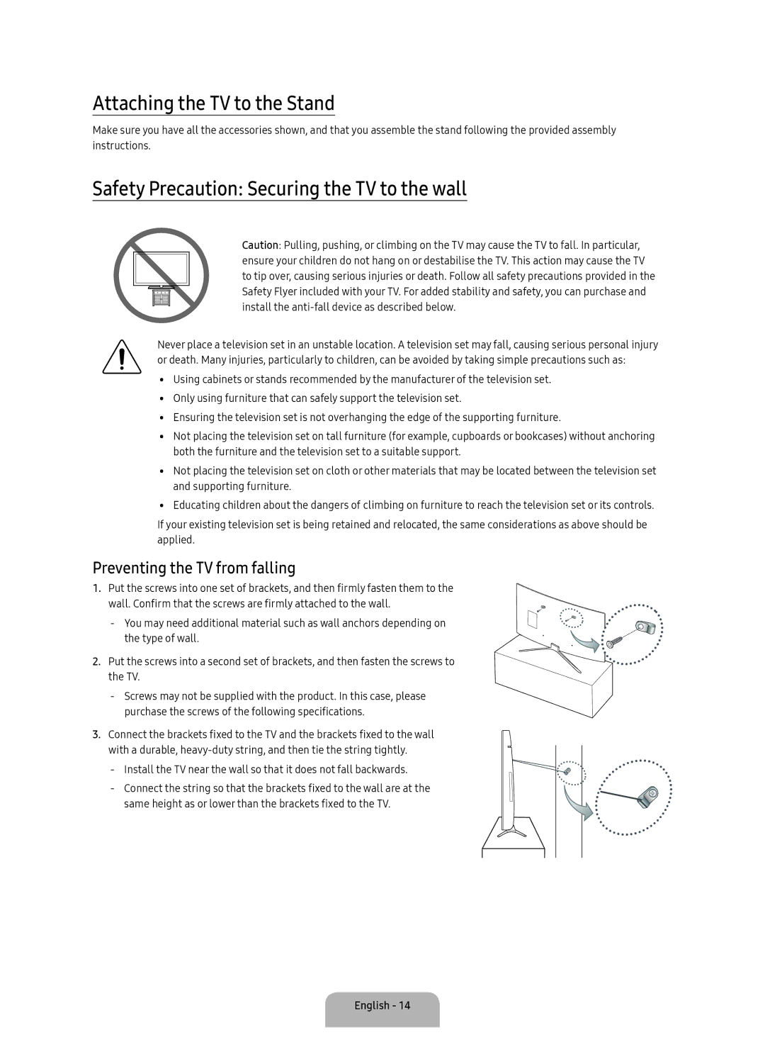 Samsung UA49K6300AKXXV, UA40K6300AKXXV manual Attaching the TV to the Stand, Safety Precaution Securing the TV to the wall 