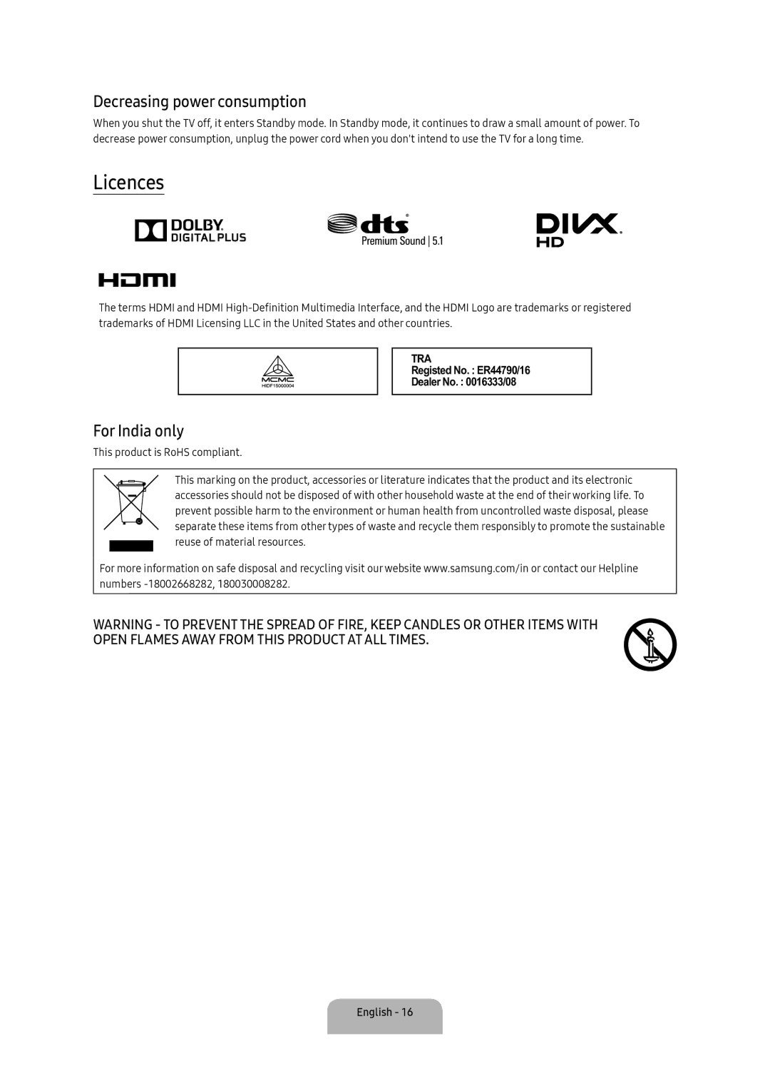 Samsung UA55K6300AKXXV, UA40K6300AKXXV, UA49K6300AKXXV manual Licences, Decreasing power consumption, For India only 