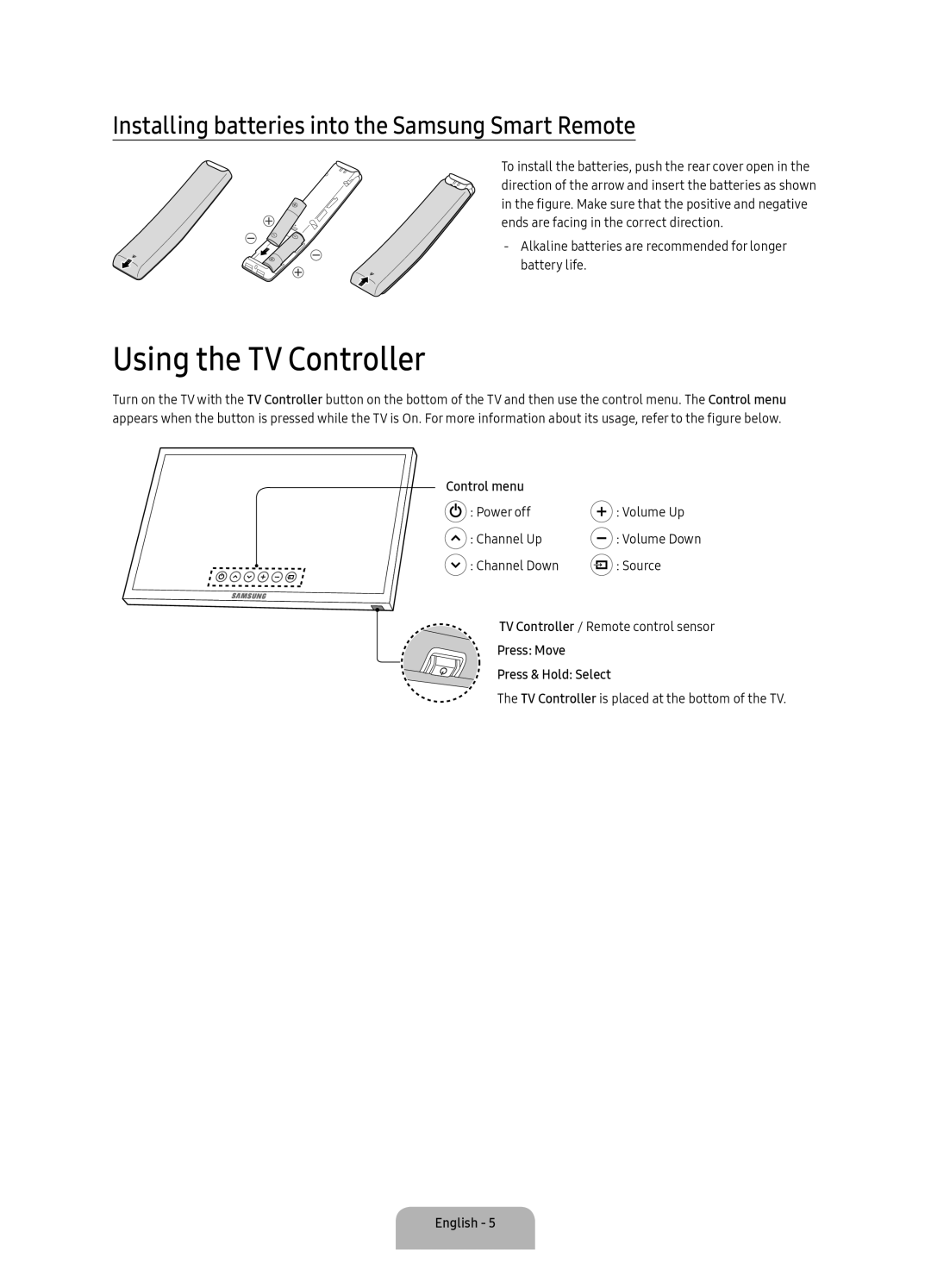 Samsung UA49K6300AKXXV, UA40K6300AKXXV manual Using the TV Controller, Installing batteries into the Samsung Smart Remote 