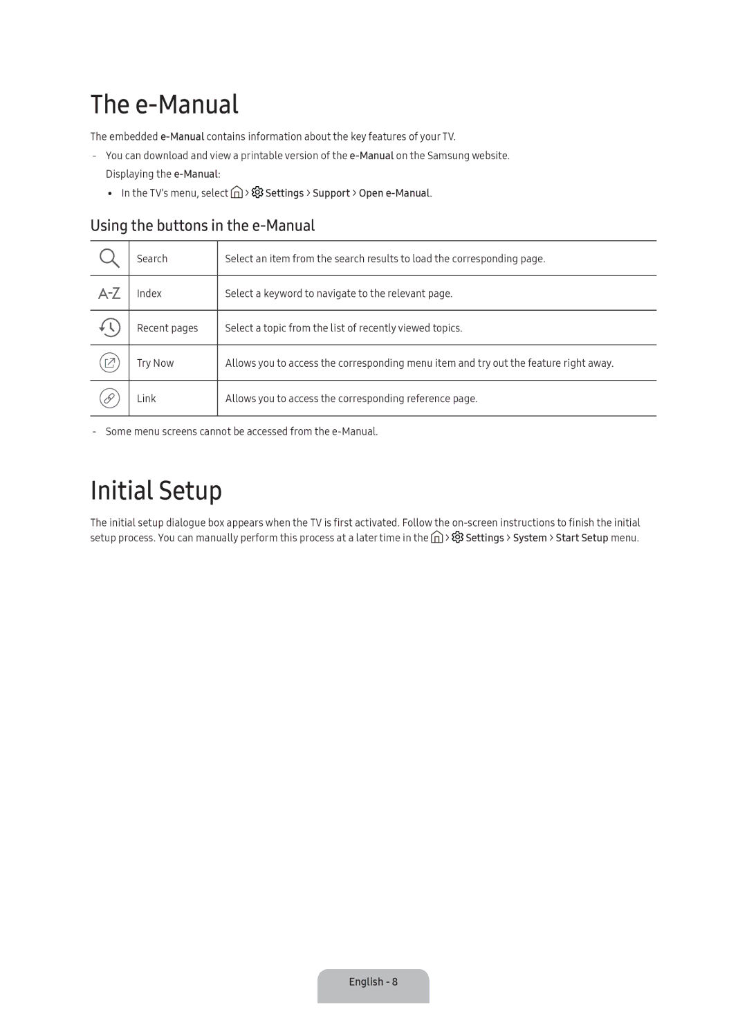 Samsung UA49K6300AKXXV, UA40K6300AKXXV, UA55K6300AKXXV manual E-Manual, Initial Setup, Using the buttons in the e-Manual 