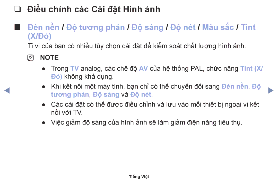 Samsung UA40M5000AKXXV, UA32J4003DKXXV, UA49M5000AKXXV manual Điều chỉnh các Cài đặt Hình ảnh, Tương phản, Đô sang và Độ nét 