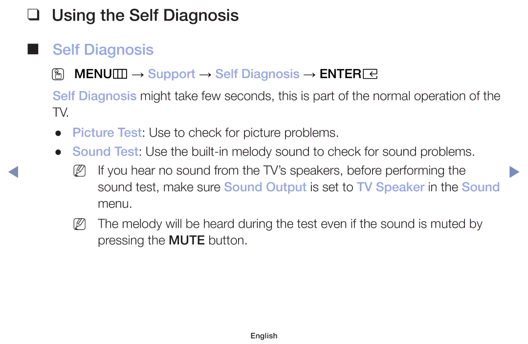 Samsung UA32J4003DKXXV, UA40M5000AKXXV manual Using the Self Diagnosis, OO MENUm → Support → Self Diagnosis → Entere 