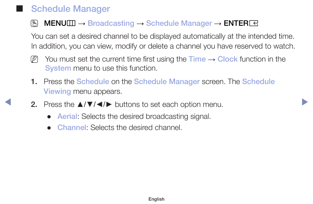 Samsung UA49M5000AKXXV, UA40M5000AKXXV, UA32J4003DKXXV manual OO MENUm → Broadcasting → Schedule Manager → Entere 