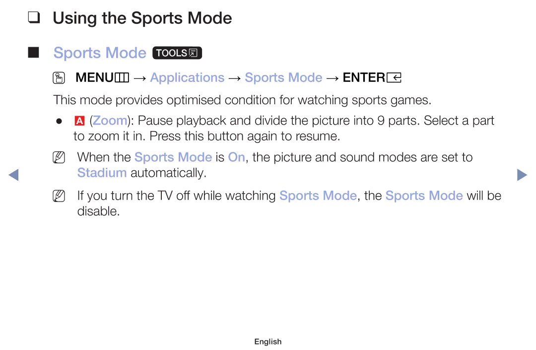 Samsung UA49M5000AKXXV manual Using the Sports Mode, Sports Mode t, OO MENUm → Applications → Sports Mode → Entere 