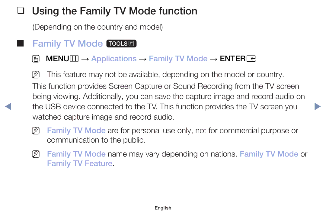 Samsung UA40M5000AKXXV, UA32J4003DKXXV, UA49M5000AKXXV manual Using the Family TV Mode function, Family TV Mode t 