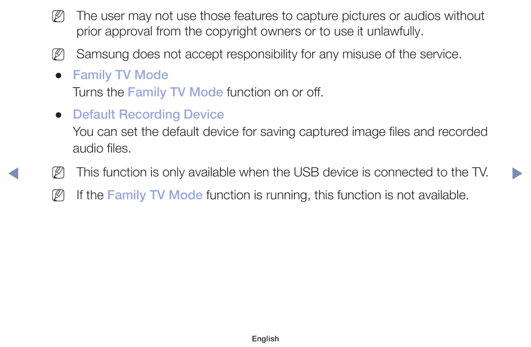 Samsung UA32J4003DKXXV, UA40M5000AKXXV, UA49M5000AKXXV manual Family TV Mode, Default Recording Device 