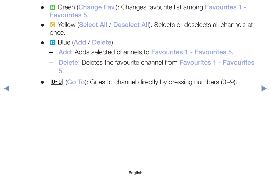 Samsung UA49M5000AKXXV, UA40M5000AKXXV, UA32J4003DKXXV manual Green Change Fav. Changes favourite list among Favourites 