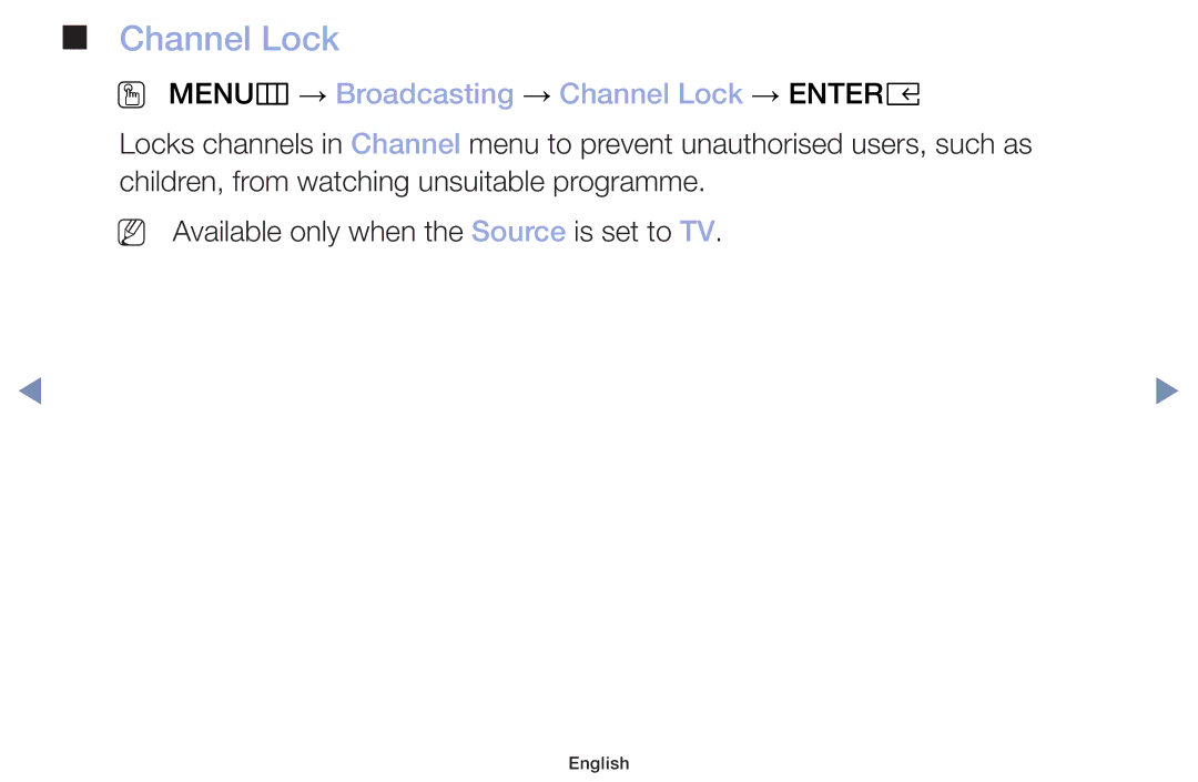 Samsung UA49M5000AKXXV, UA40M5000AKXXV, UA32J4003DKXXV manual OO MENUm → Broadcasting → Channel Lock → Entere 