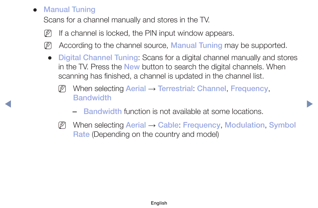 Samsung UA32J4003DKXXV, UA40M5000AKXXV manual Manual Tuning, When selecting Aerial → Cable Frequency, Modulation, Symbol 