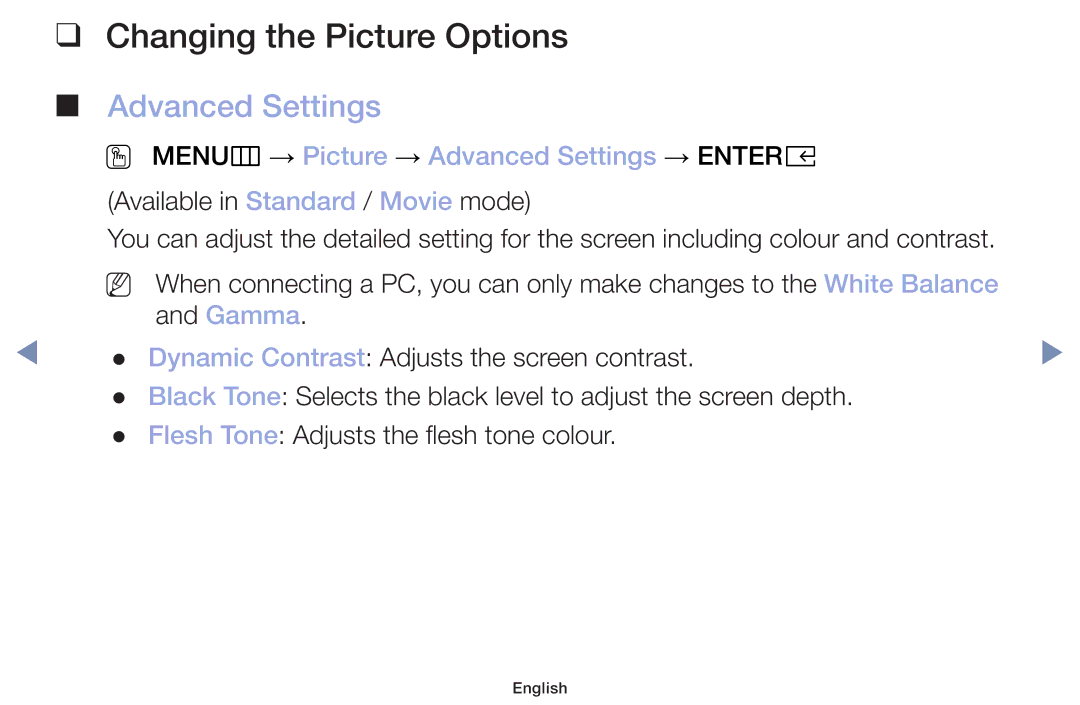 Samsung UA49M5000AKXXV, UA40M5000AKXXV Changing the Picture Options, OO MENUm → Picture → Advanced Settings → Entere 