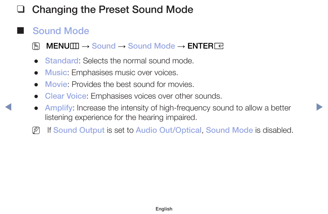 Samsung UA32J4003DKXXV, UA40M5000AKXXV, UA49M5000AKXXV manual Changing the Preset Sound Mode 