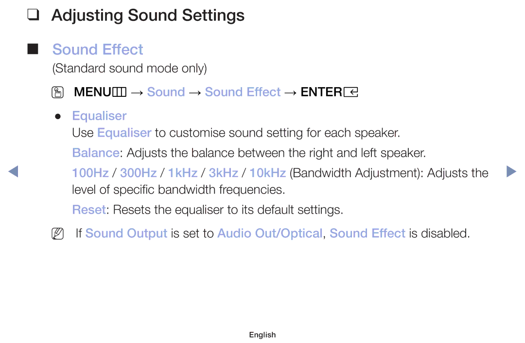 Samsung UA40M5000AKXXV, UA32J4003DKXXV Adjusting Sound Settings, OO MENUm → Sound → Sound Effect → Entere Equaliser 