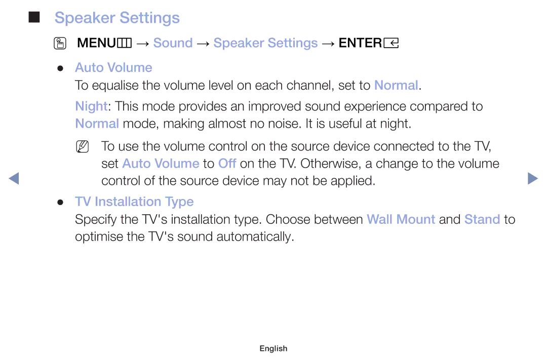 Samsung UA32J4003DKXXV, UA40M5000AKXXV OO MENUm → Sound → Speaker Settings → Entere Auto Volume, TV Installation Type 