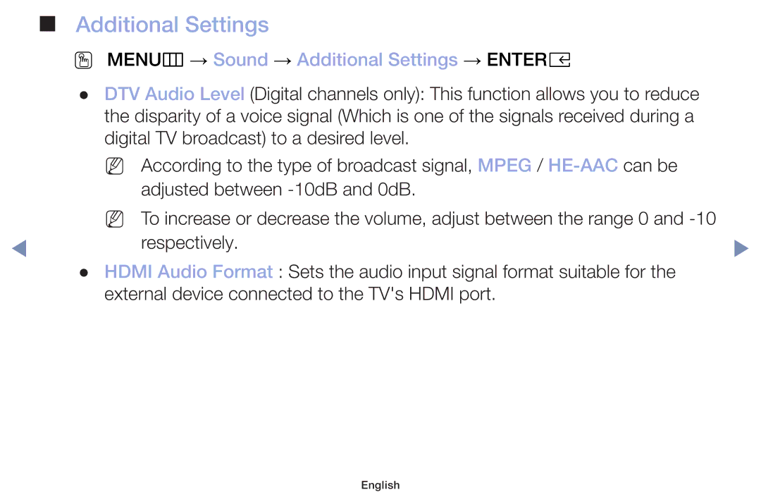 Samsung UA49M5000AKXXV, UA40M5000AKXXV, UA32J4003DKXXV manual OO MENUm → Sound → Additional Settings → Entere 