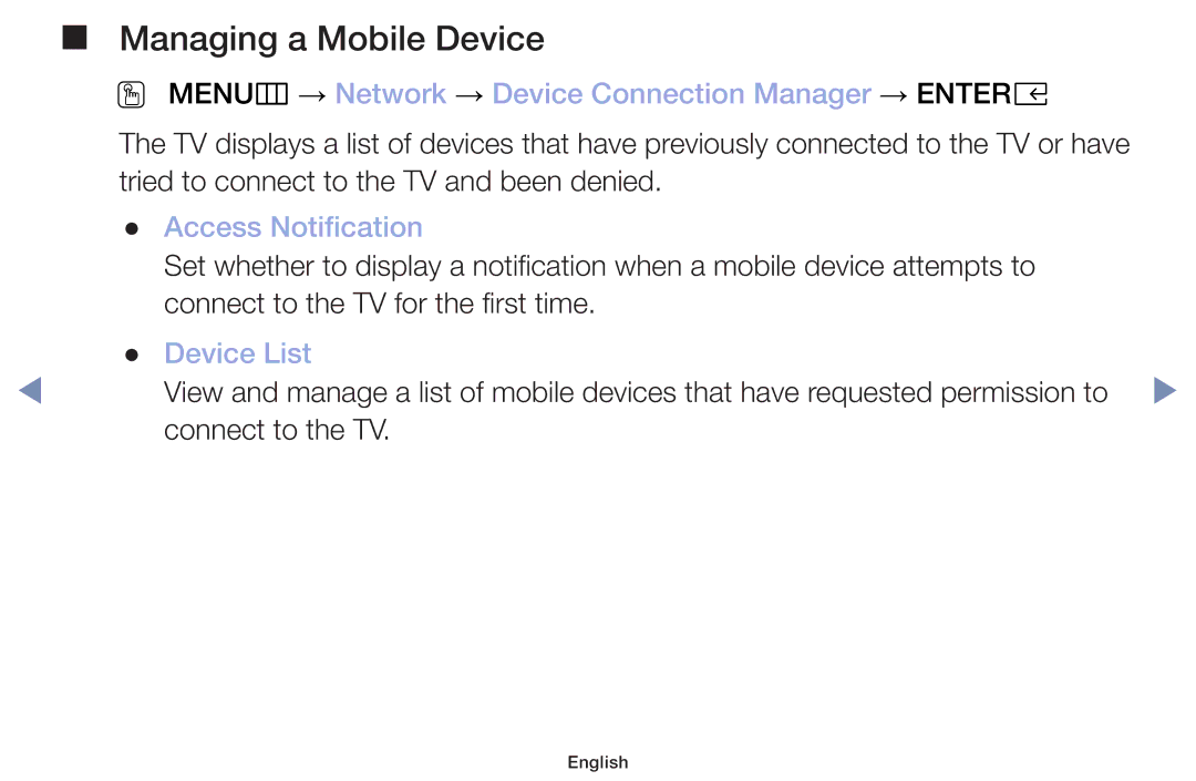 Samsung UA49M5000AKXXV manual OO MENUm → Network → Device Connection Manager → Entere, Access Notification, Device List 