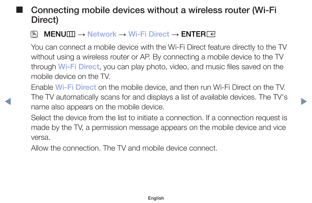 Samsung UA40M5000AKXXV, UA32J4003DKXXV, UA49M5000AKXXV manual OO MENUm → Network → Wi-Fi Direct → Entere 