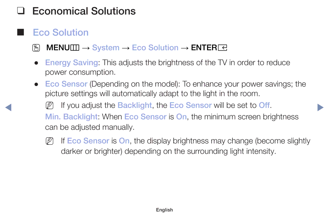 Samsung UA32J4003DKXXV, UA40M5000AKXXV, UA49M5000AKXXV Economical Solutions, OO MENUm → System → Eco Solution → Entere 