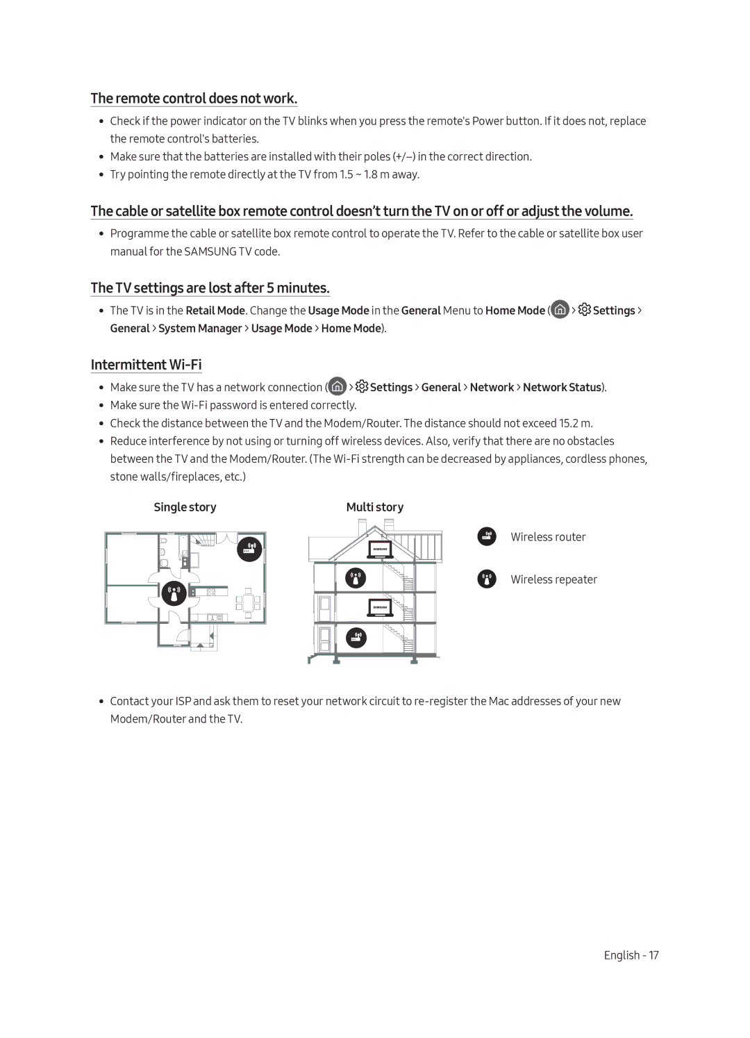 Samsung UA75MU6103KXXV manual Remote control does not work, TV settings are lost after 5 minutes, Intermittent Wi-Fi 