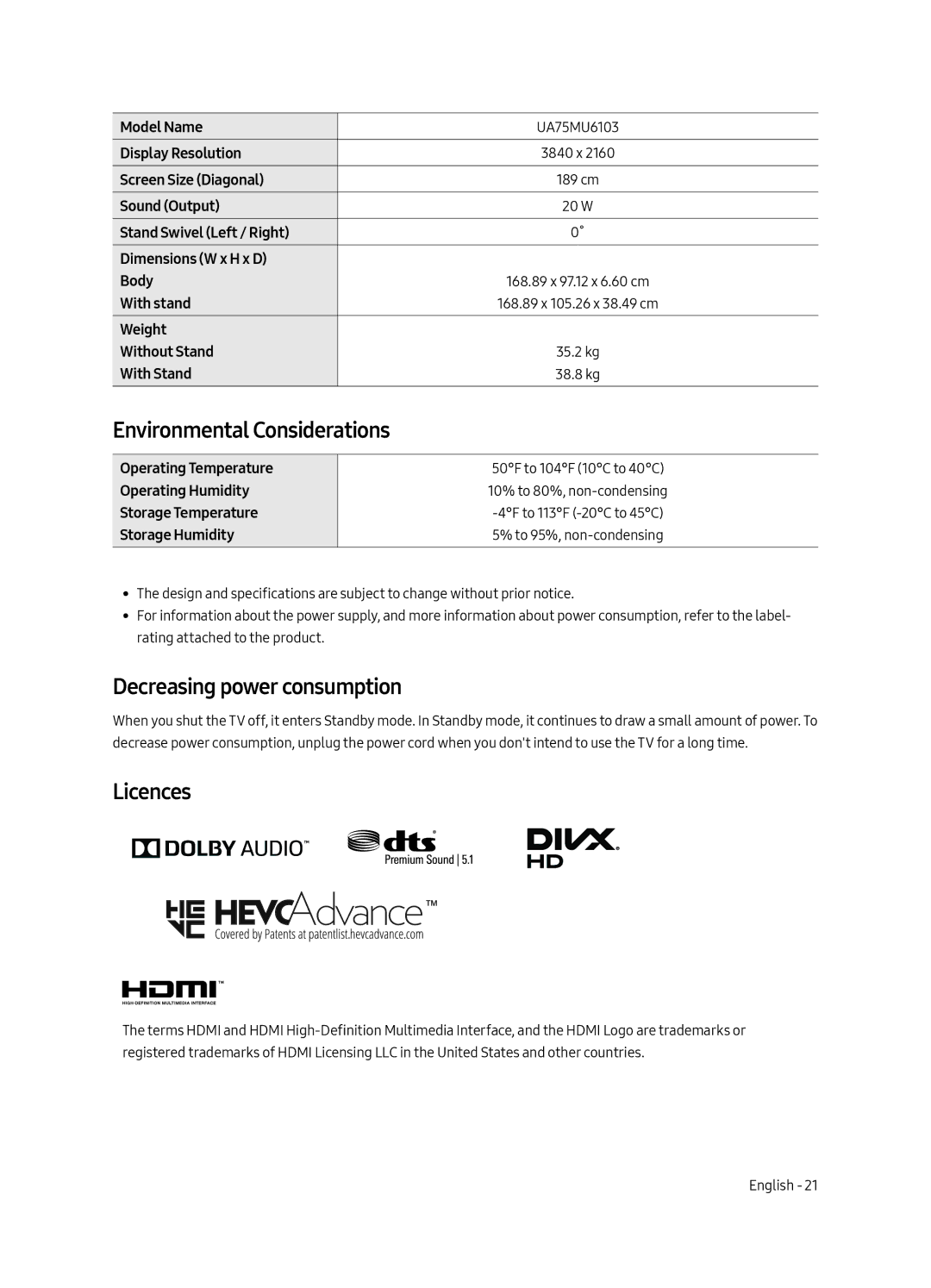 Samsung UA49MU6103KXXV, UA40MU6103KXXV, UA43MU6103KXXV Environmental Considerations, Decreasing power consumption, Licences 